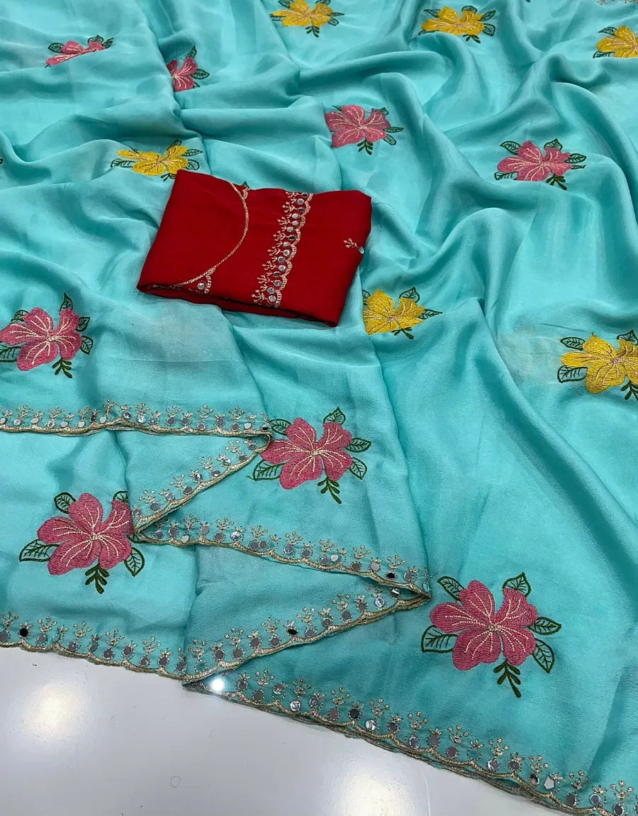 Premium Chinon Silk Saree with Embroidery & Mirror Work – Designer Blouse