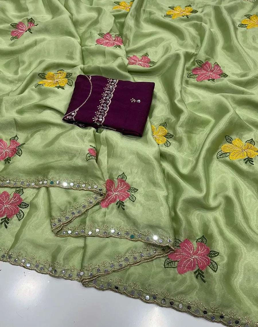 Premium Chinon Silk Saree with Embroidery & Mirror Work – Designer Blouse