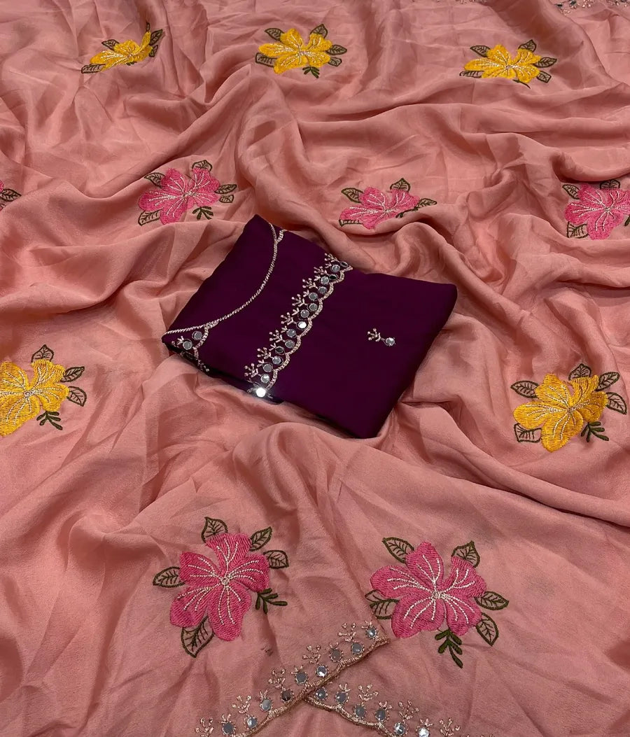 Premium Chinon Silk Saree with Embroidery & Mirror Work – Designer Blouse