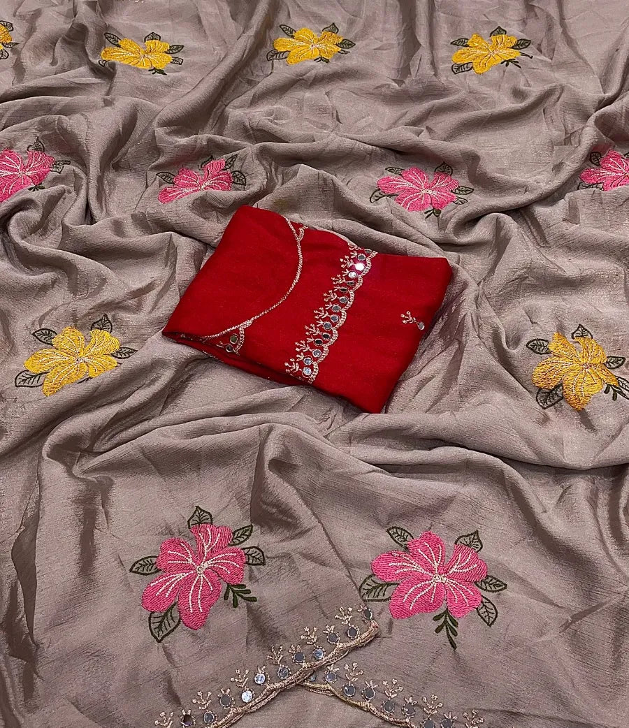 Premium Chinon Silk Saree with Embroidery & Mirror Work – Designer Blouse