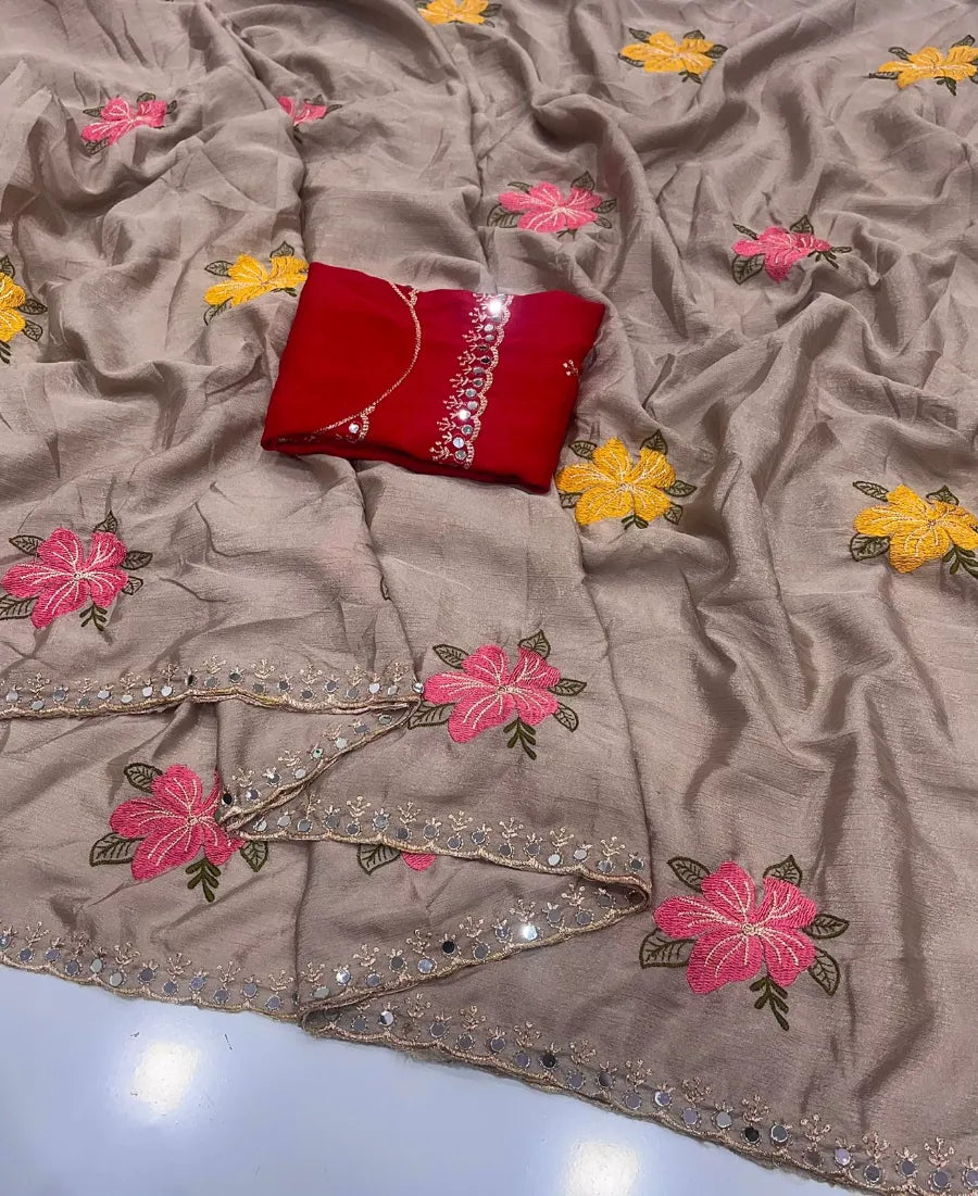 Premium Chinon Silk Saree with Embroidery & Mirror Work – Designer Blouse