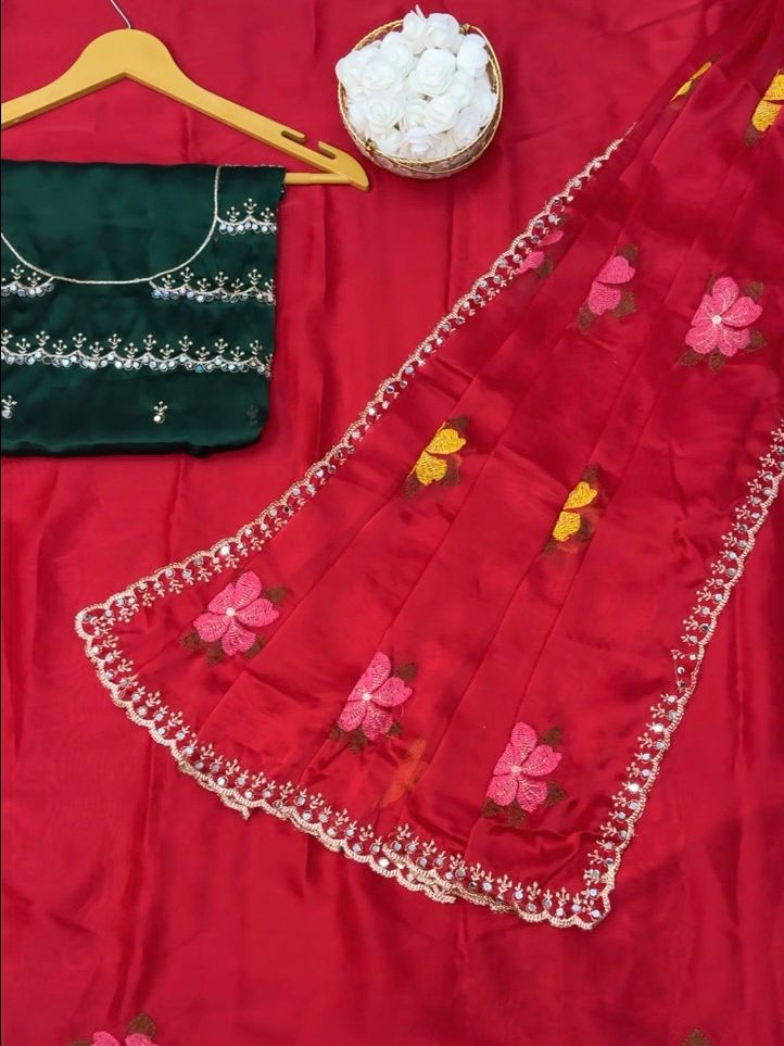 Premium Chinon Silk Saree with Embroidery & Mirror Work – Designer Blouse