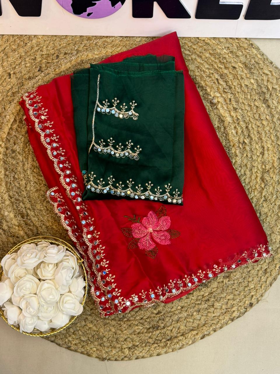 Premium Chinon Silk Saree with Embroidery & Mirror Work – Designer Blouse