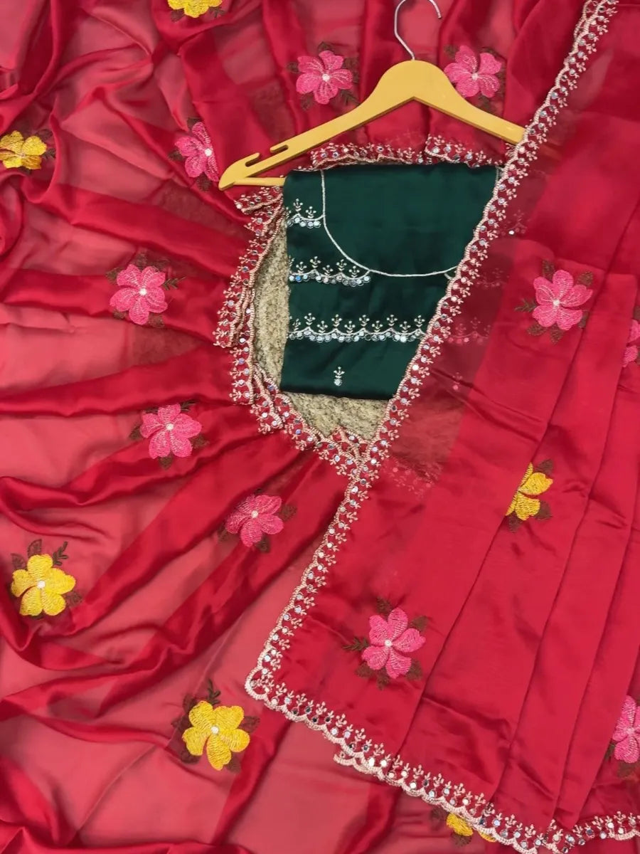 Premium Chinon Silk Saree with Embroidery & Mirror Work – Designer Blouse