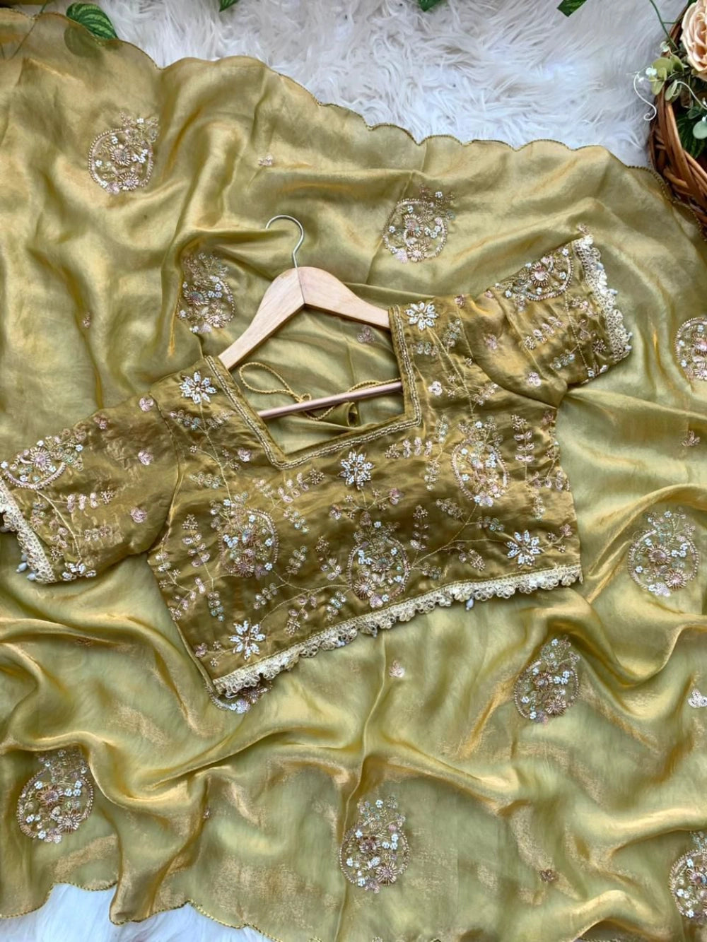 Premium Space Silk Saree with Heavy Beads Embroidery & Fancy Stitched Blouse