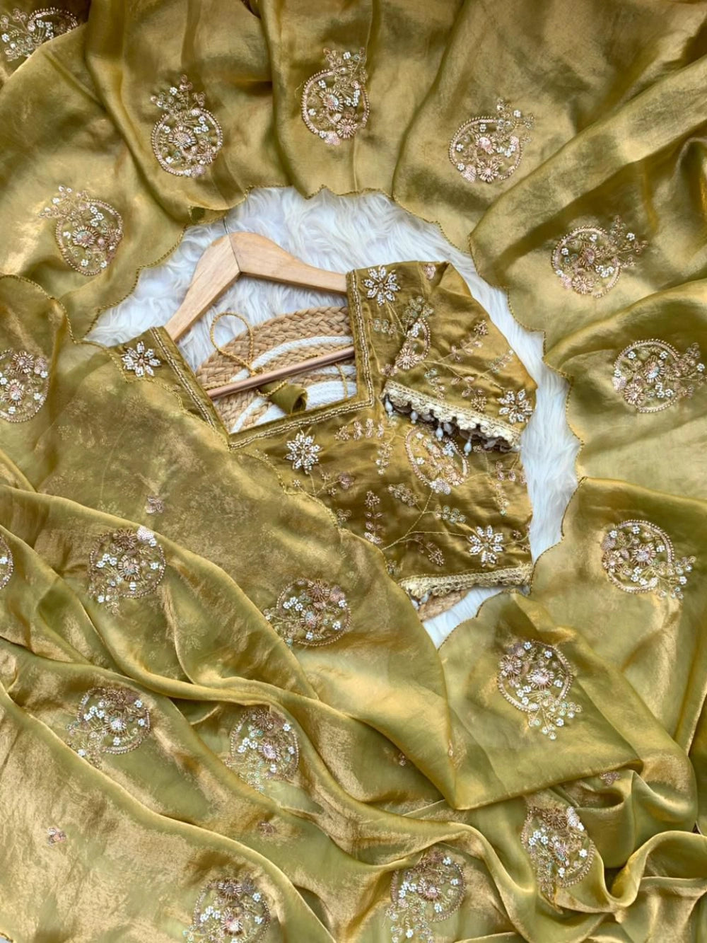 Premium Space Silk Saree with Heavy Beads Embroidery & Fancy Stitched Blouse