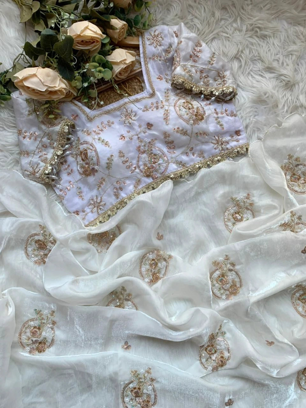 Premium Space Silk Saree with Heavy Beads Embroidery & Fancy Stitched Blouse