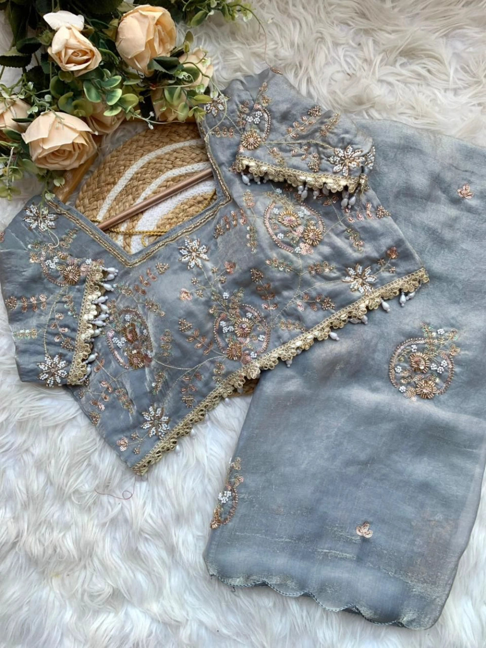 Premium Space Silk Saree with Heavy Beads Embroidery & Fancy Stitched Blouse