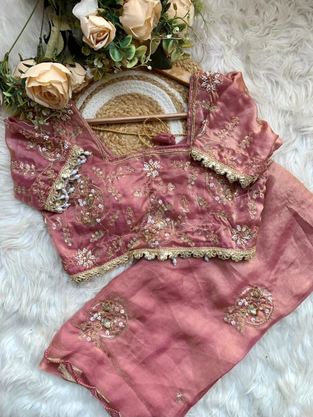 Premium Space Silk Saree with Heavy Beads Embroidery & Fancy Stitched Blouse