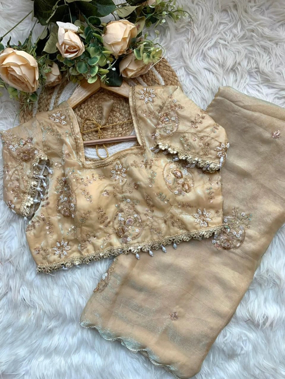 Premium Space Silk Saree with Heavy Beads Embroidery & Fancy Stitched Blouse