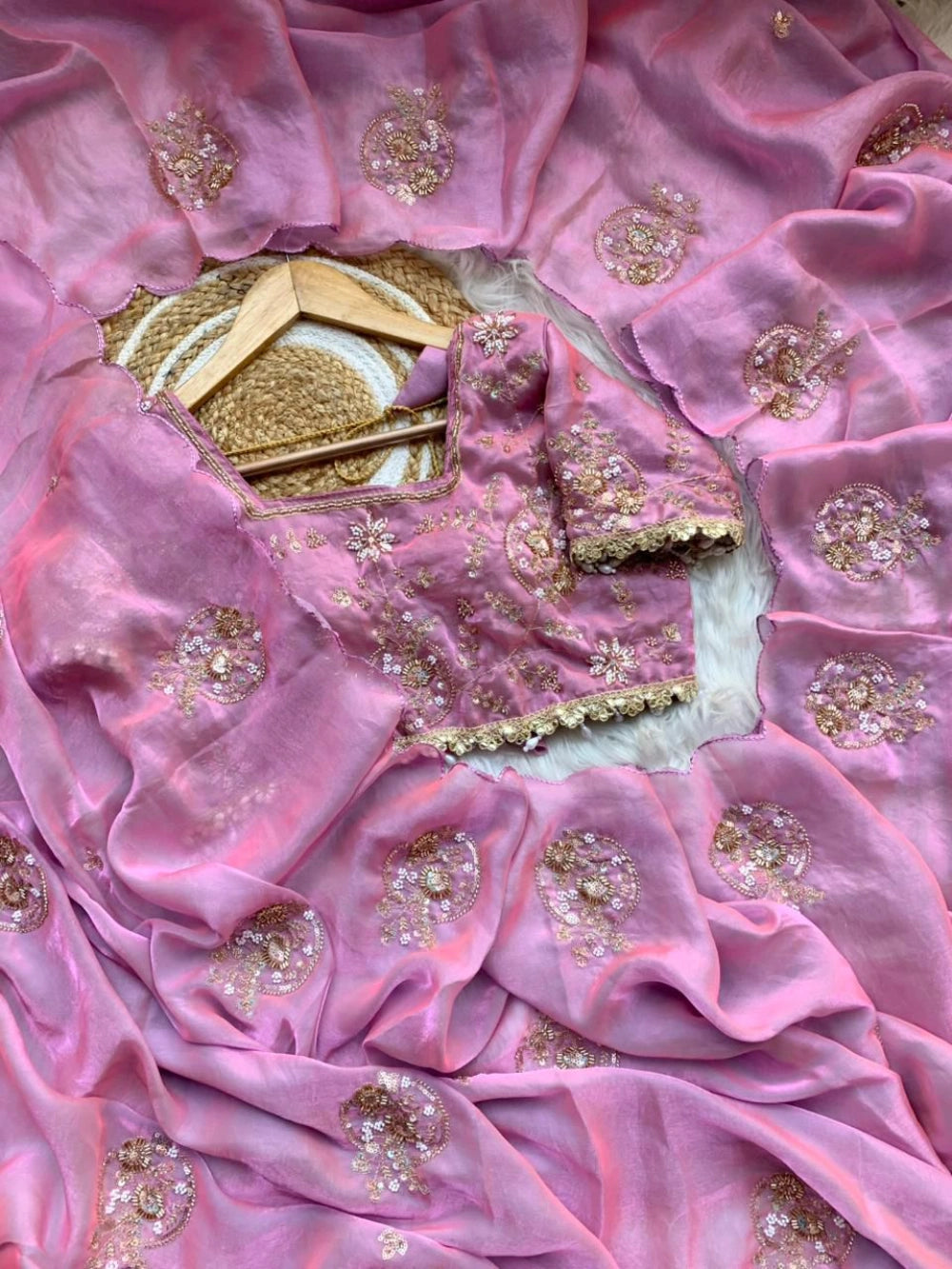 Premium Space Silk Saree with Heavy Beads Embroidery & Fancy Stitched Blouse