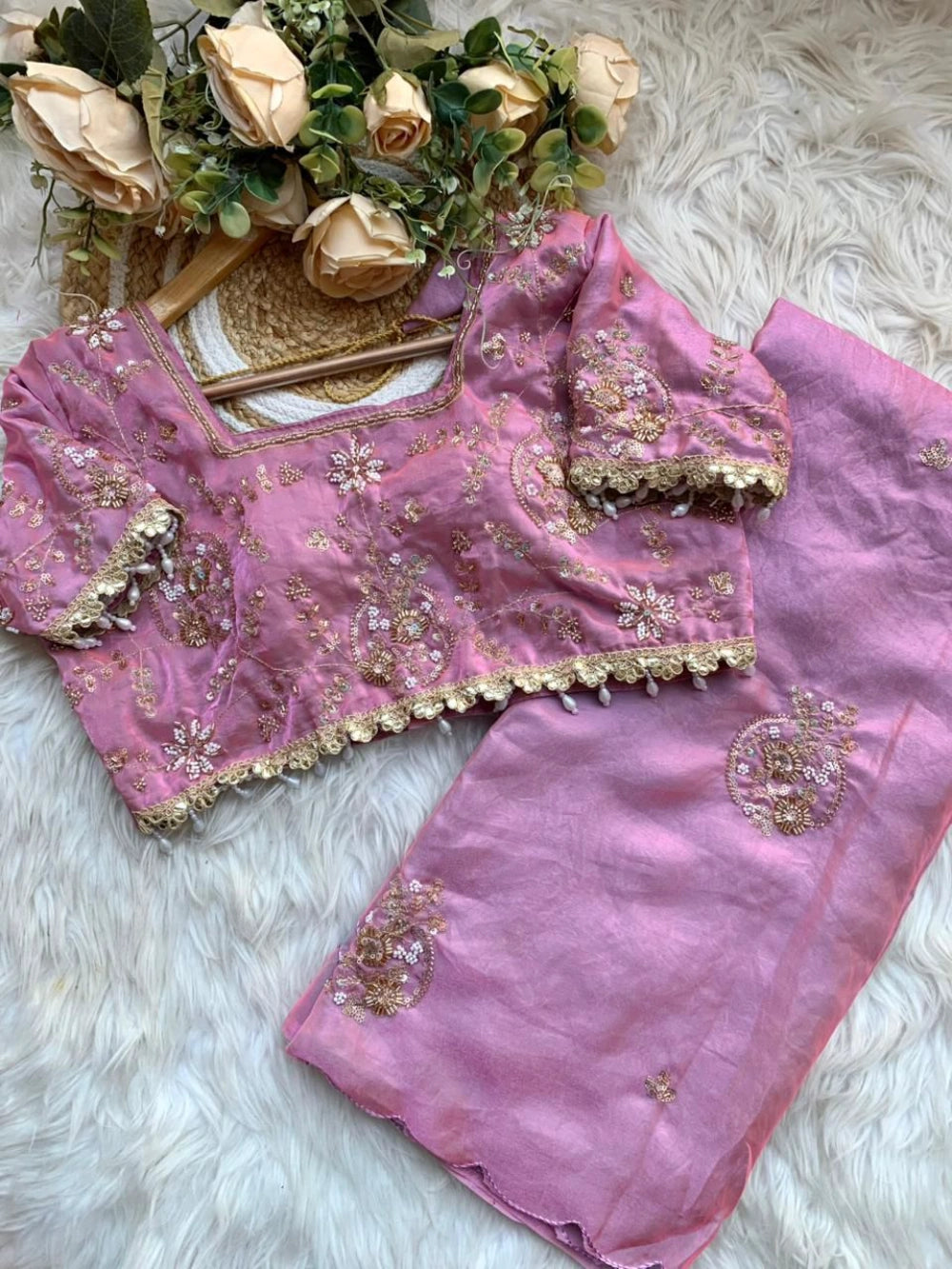 Premium Space Silk Saree with Heavy Beads Embroidery & Fancy Stitched Blouse