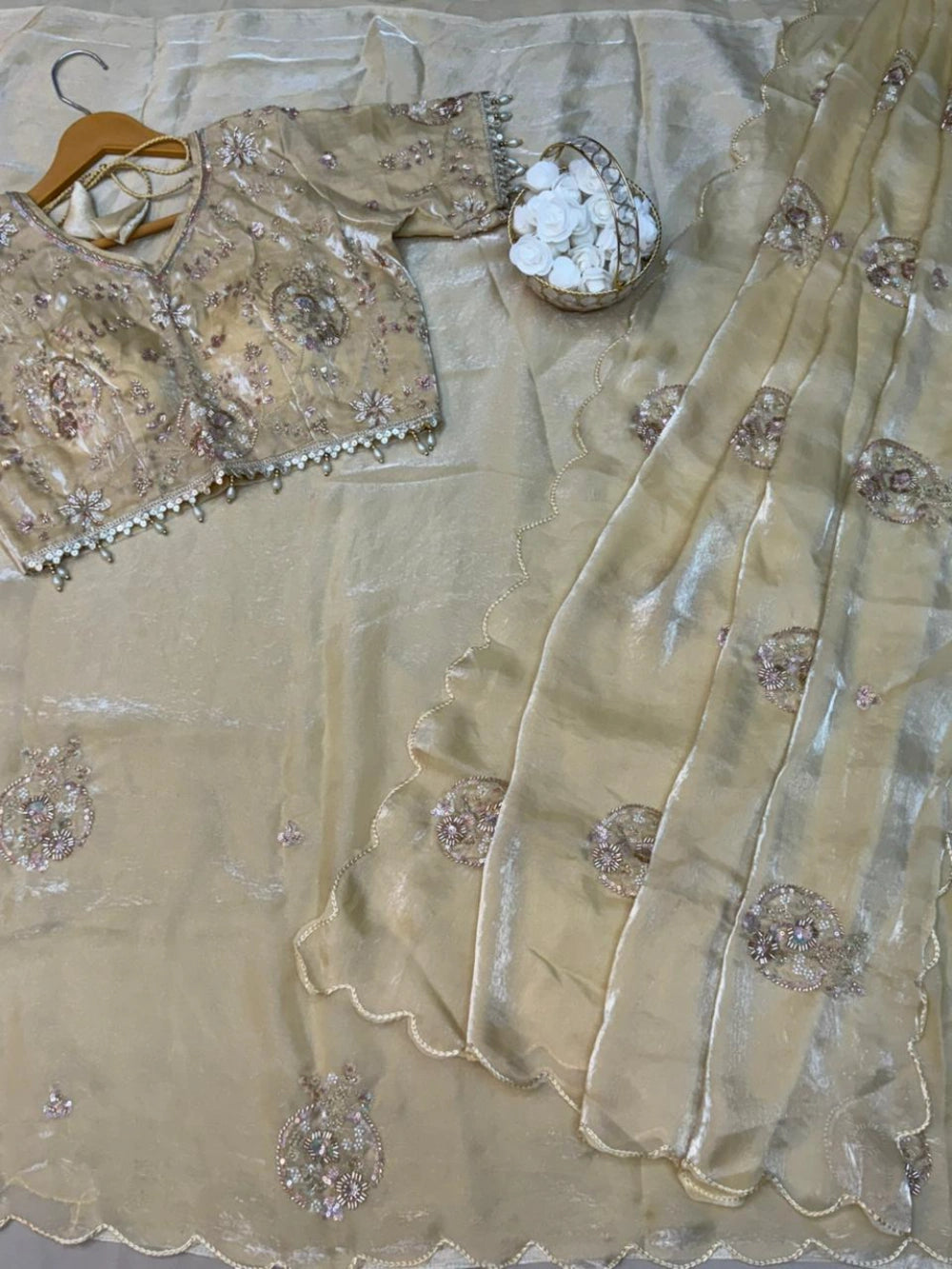 Premium Space Silk Saree with Heavy Beads Embroidery & Fancy Stitched Blouse
