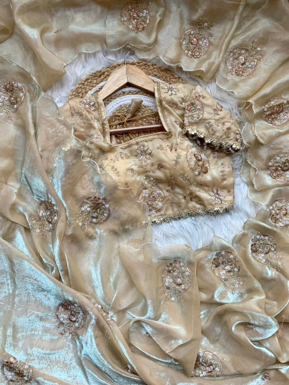 Premium Space Silk Saree with Heavy Beads Embroidery & Fancy Stitched Blouse