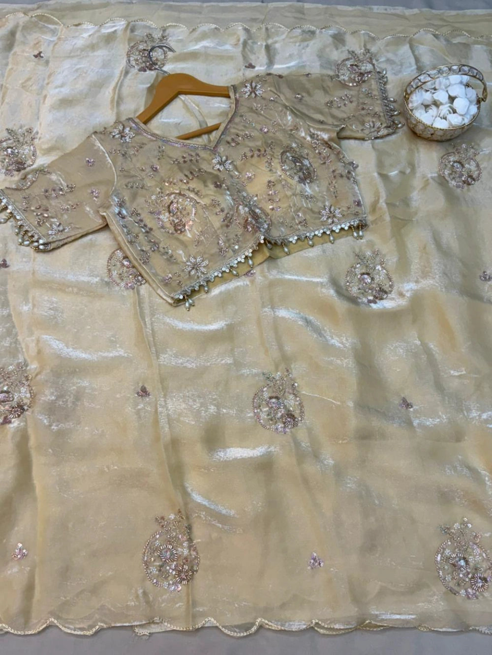 Premium Space Silk Saree with Heavy Beads Embroidery & Fancy Stitched Blouse