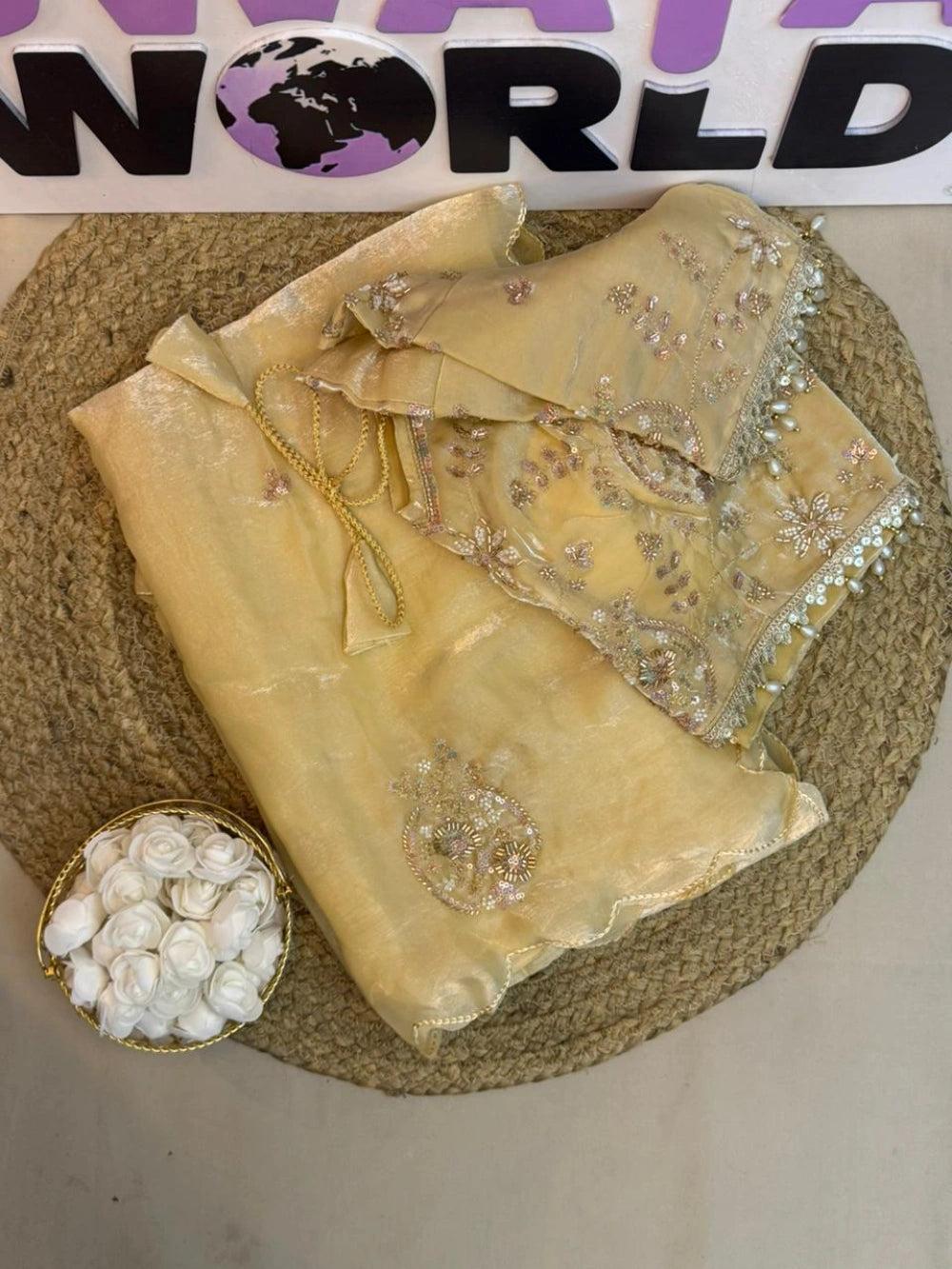 Premium Space Silk Saree with Heavy Beads Embroidery & Fancy Stitched Blouse
