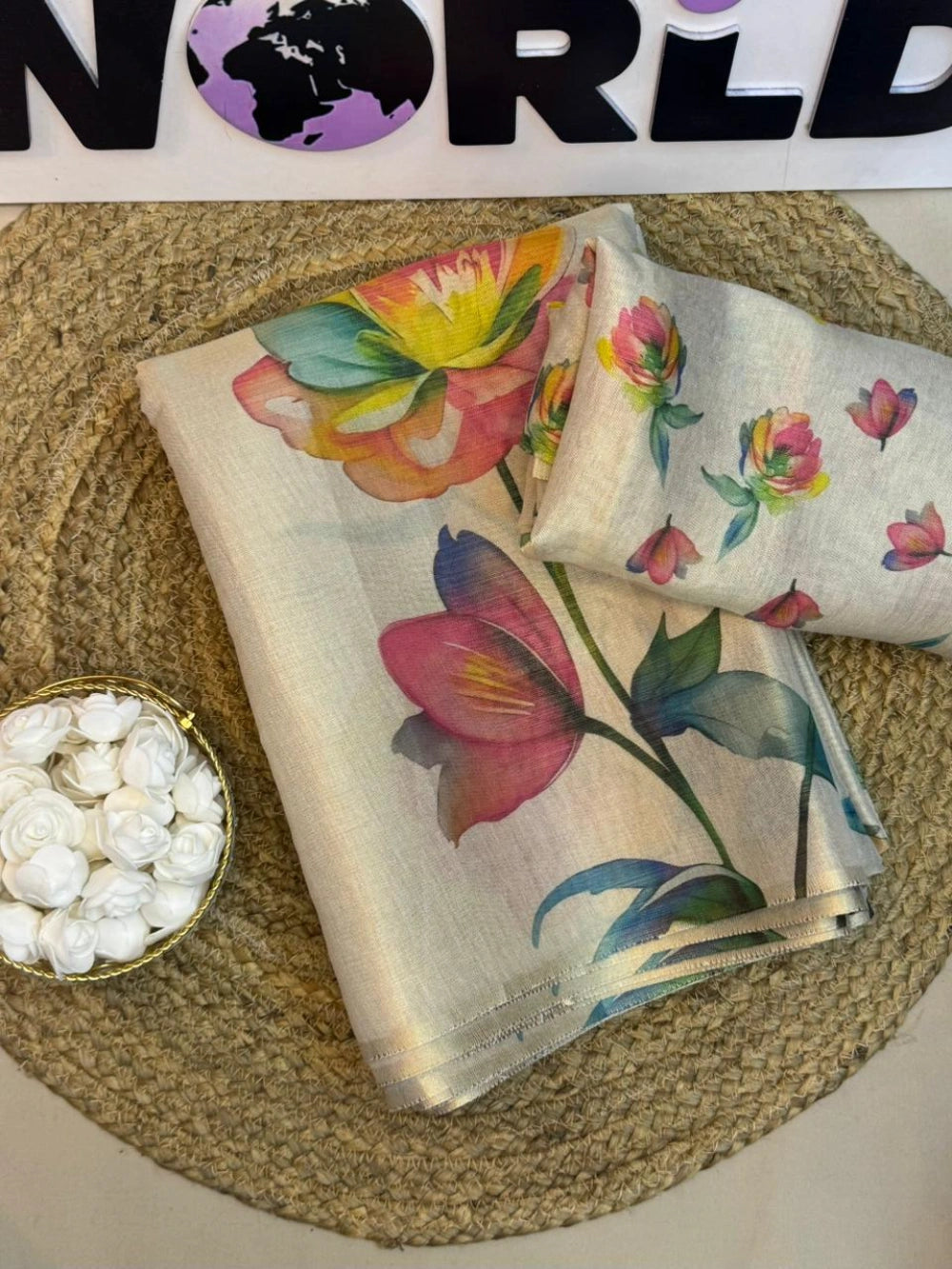 Premium Handloom Tussar Silk Saree with Tulip Digital Print & Coordinated Blouse