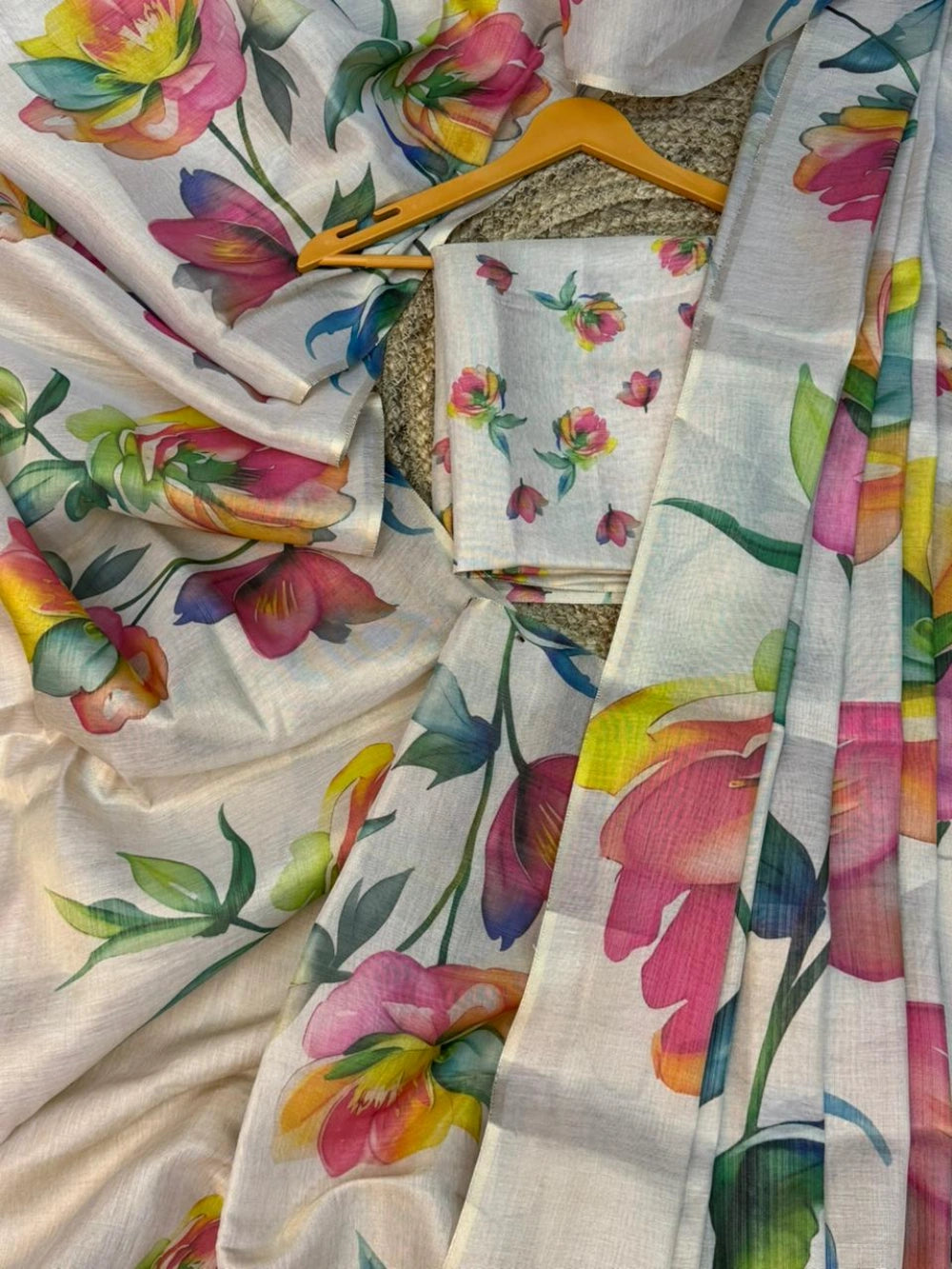 Premium Handloom Tussar Silk Saree with Tulip Digital Print & Coordinated Blouse