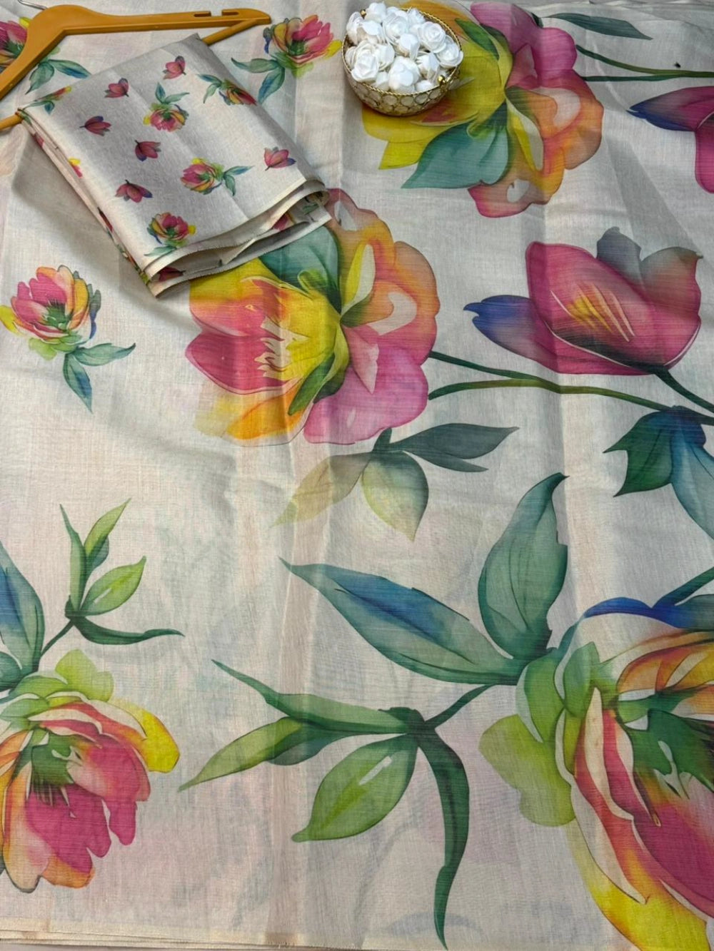 Premium Handloom Tussar Silk Saree with Tulip Digital Print & Coordinated Blouse