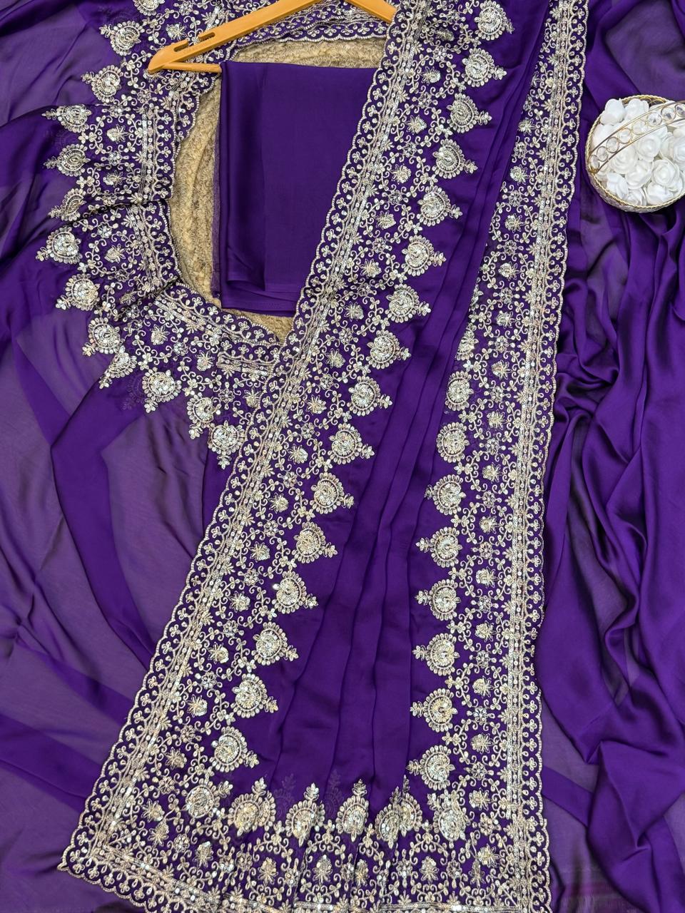 Premium Rangoli Silk Saree with Sequins & Zari Embroidery – Plain Silk Blouse