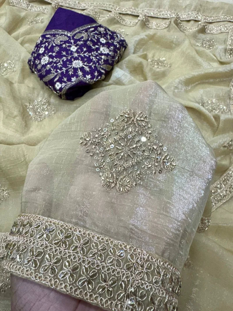 Premium Crunchy Silk Saree with Beads, Sequins & Dori Embroidery – Heavy Banglori Blouse
