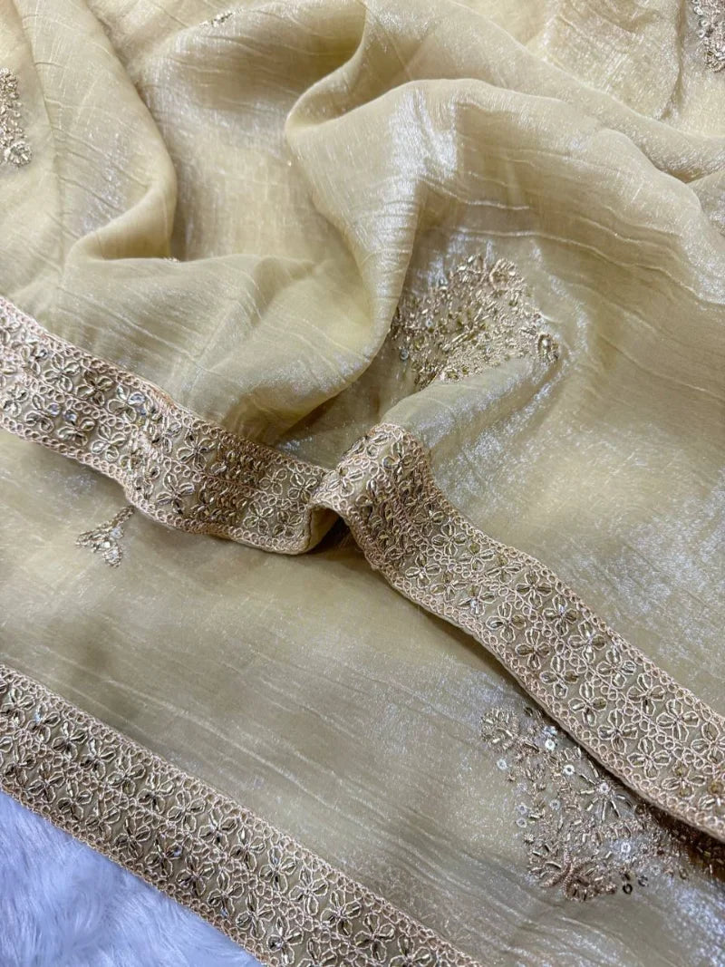 Premium Crunchy Silk Saree with Beads, Sequins & Dori Embroidery – Heavy Banglori Blouse