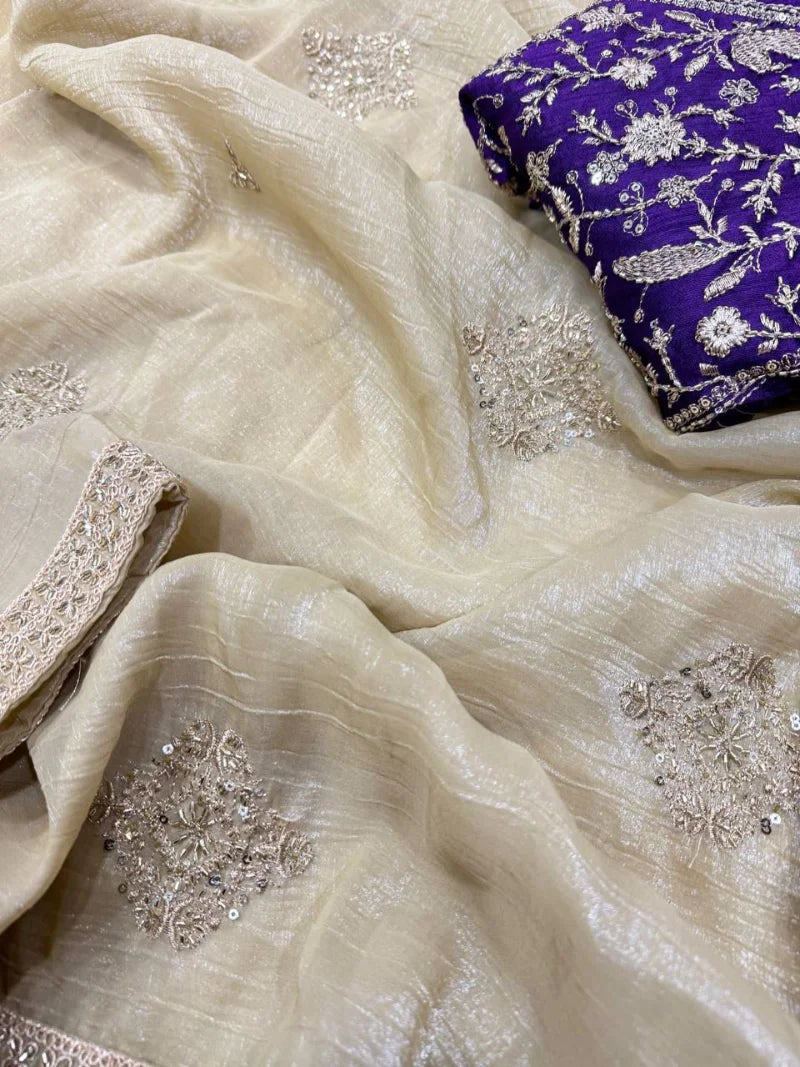 Premium Crunchy Silk Saree with Beads, Sequins & Dori Embroidery – Heavy Banglori Blouse
