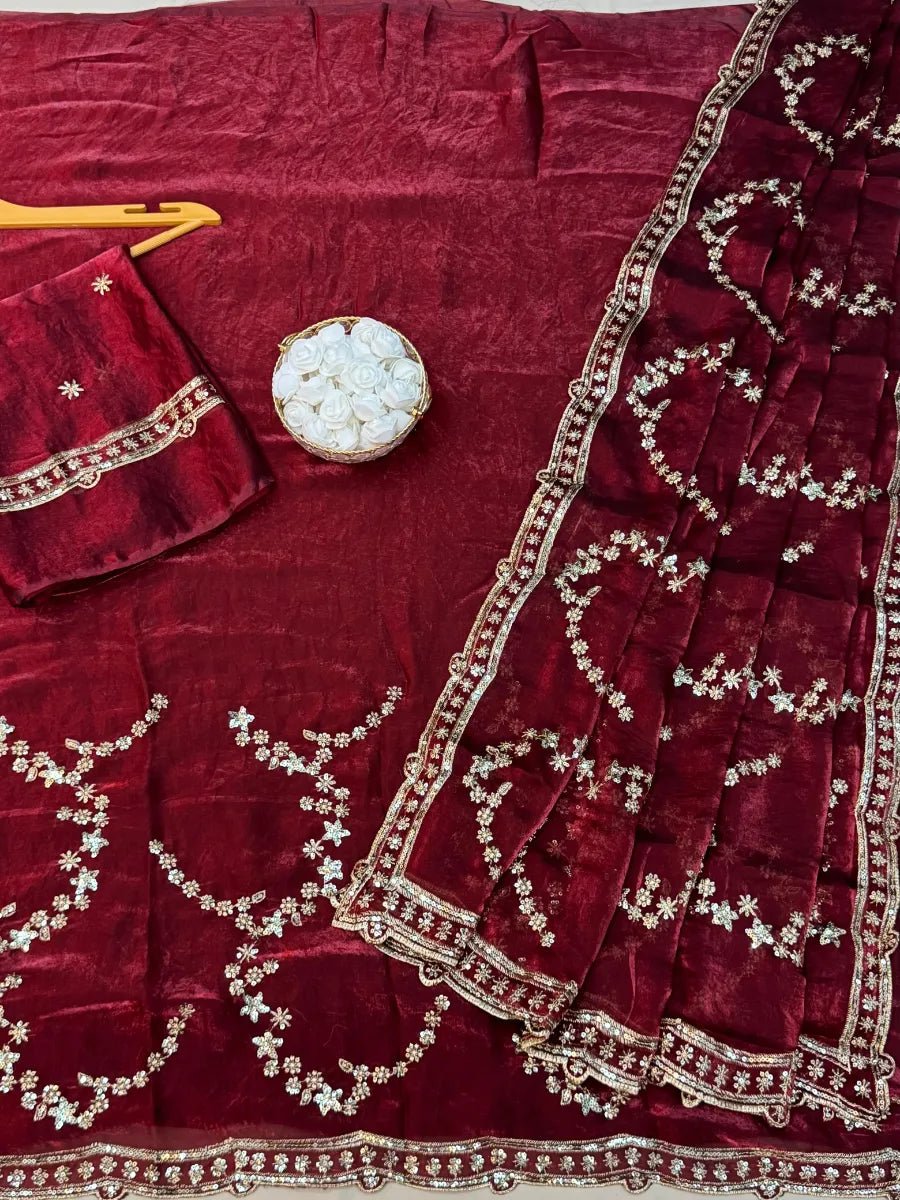 Premium Moss Silk Saree with Multi‑Thread & Sequins Embroidery – Designer Blouse