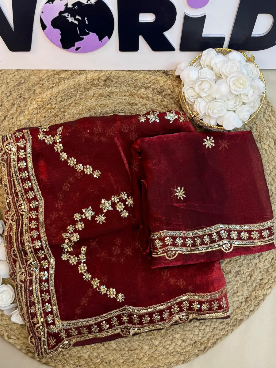 Premium Moss Silk Saree with Multi‑Thread & Sequins Embroidery – Designer Blouse
