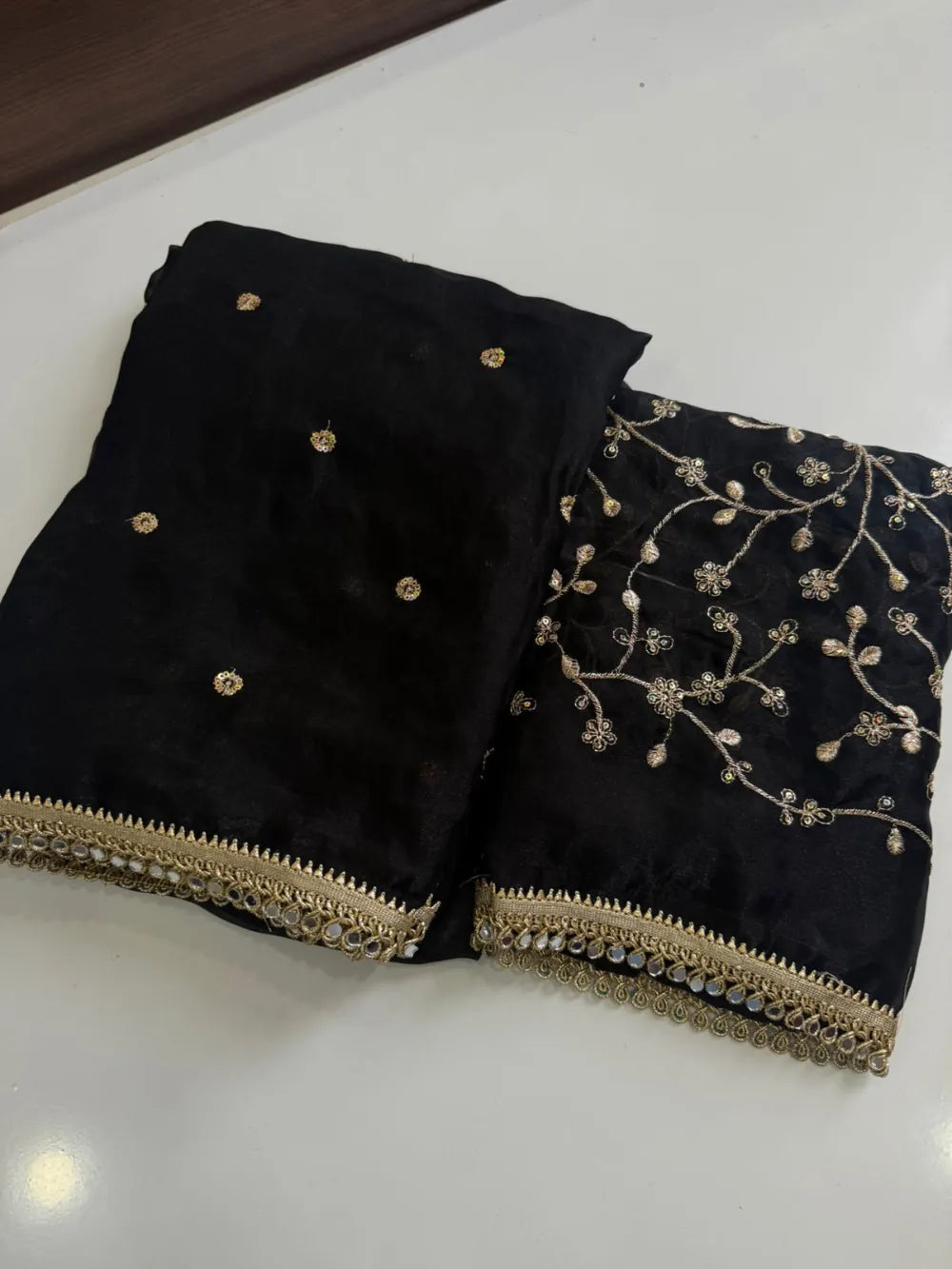 Premium Space Satin Saree with Multi‑Sequence Work, Original Mirror Lace & Heavy Blouse