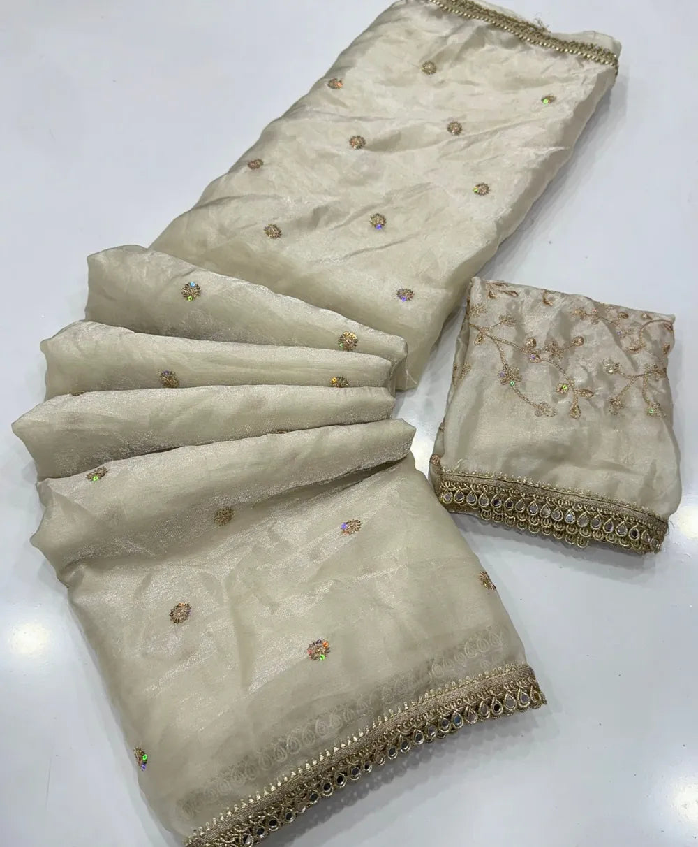 Premium Space Satin Saree with Multi‑Sequence Work, Original Mirror Lace & Heavy Blouse