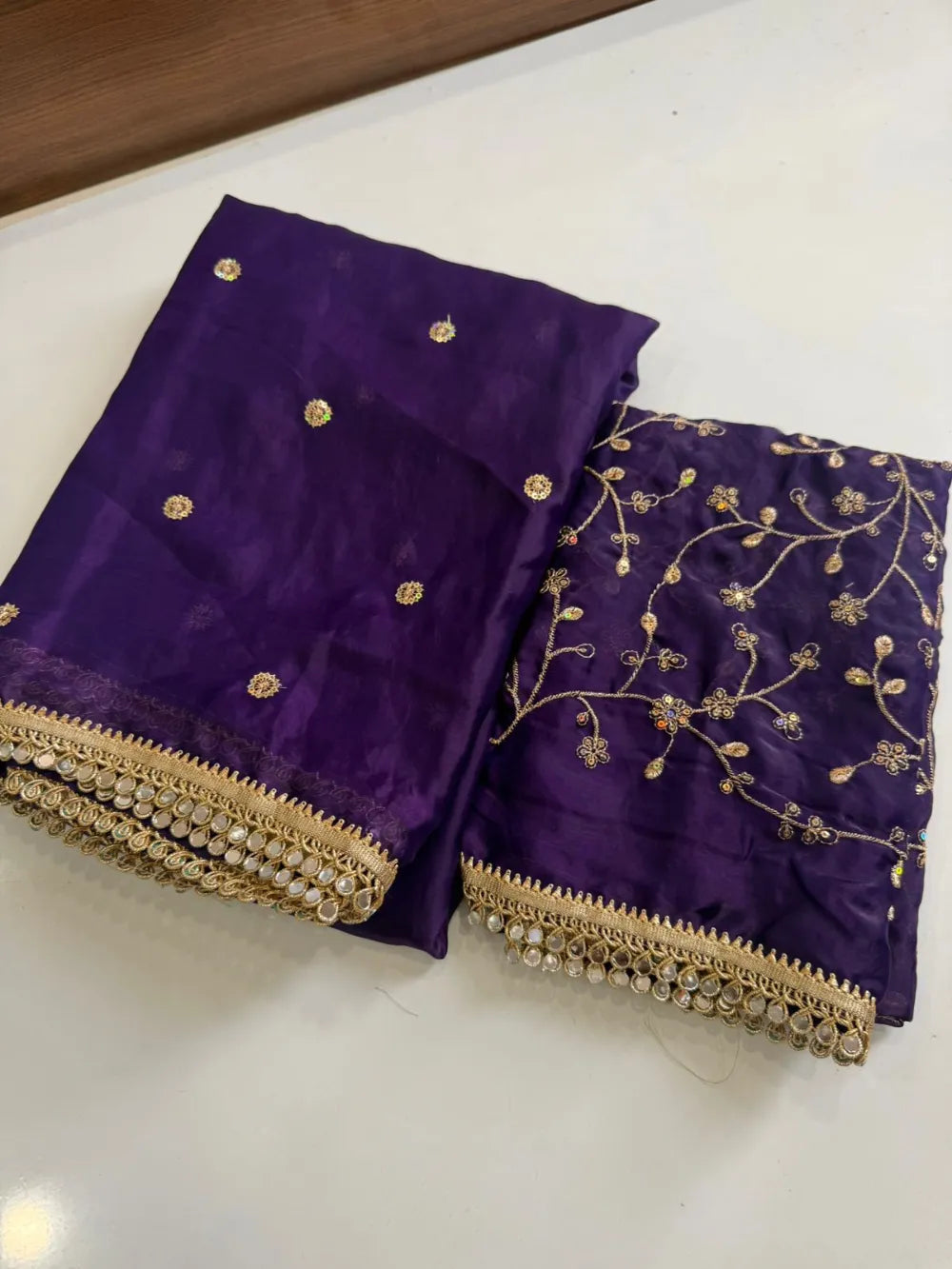 Premium Space Satin Saree with Multi‑Sequence Work, Original Mirror Lace & Heavy Blouse