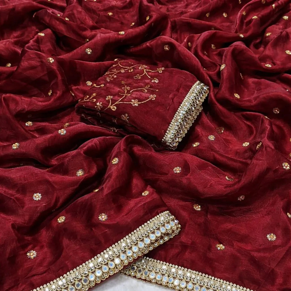 Premium Space Satin Saree with Multi‑Sequence Work, Original Mirror Lace & Heavy Blouse
