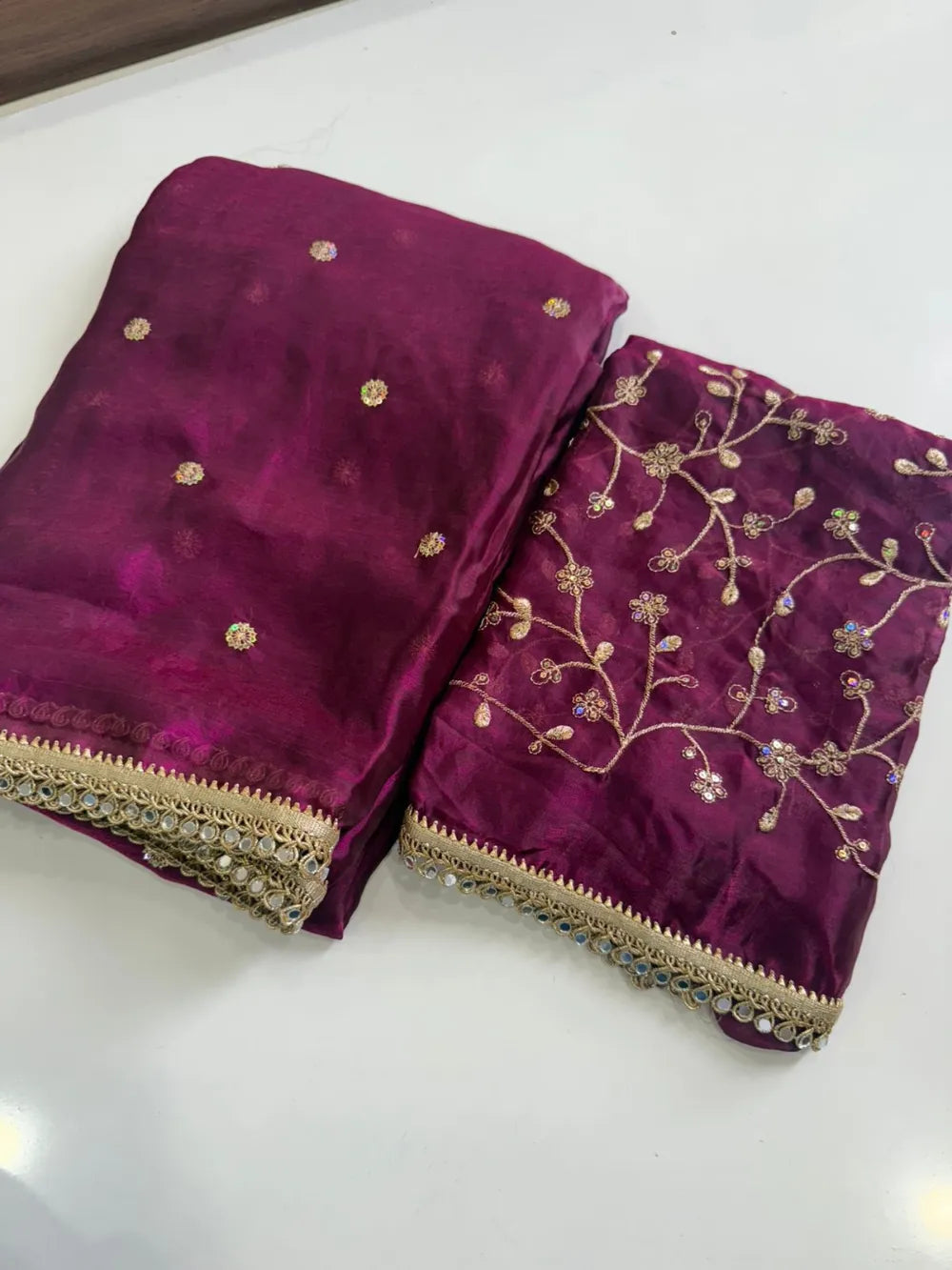Premium Space Satin Saree with Multi‑Sequence Work, Original Mirror Lace & Heavy Blouse