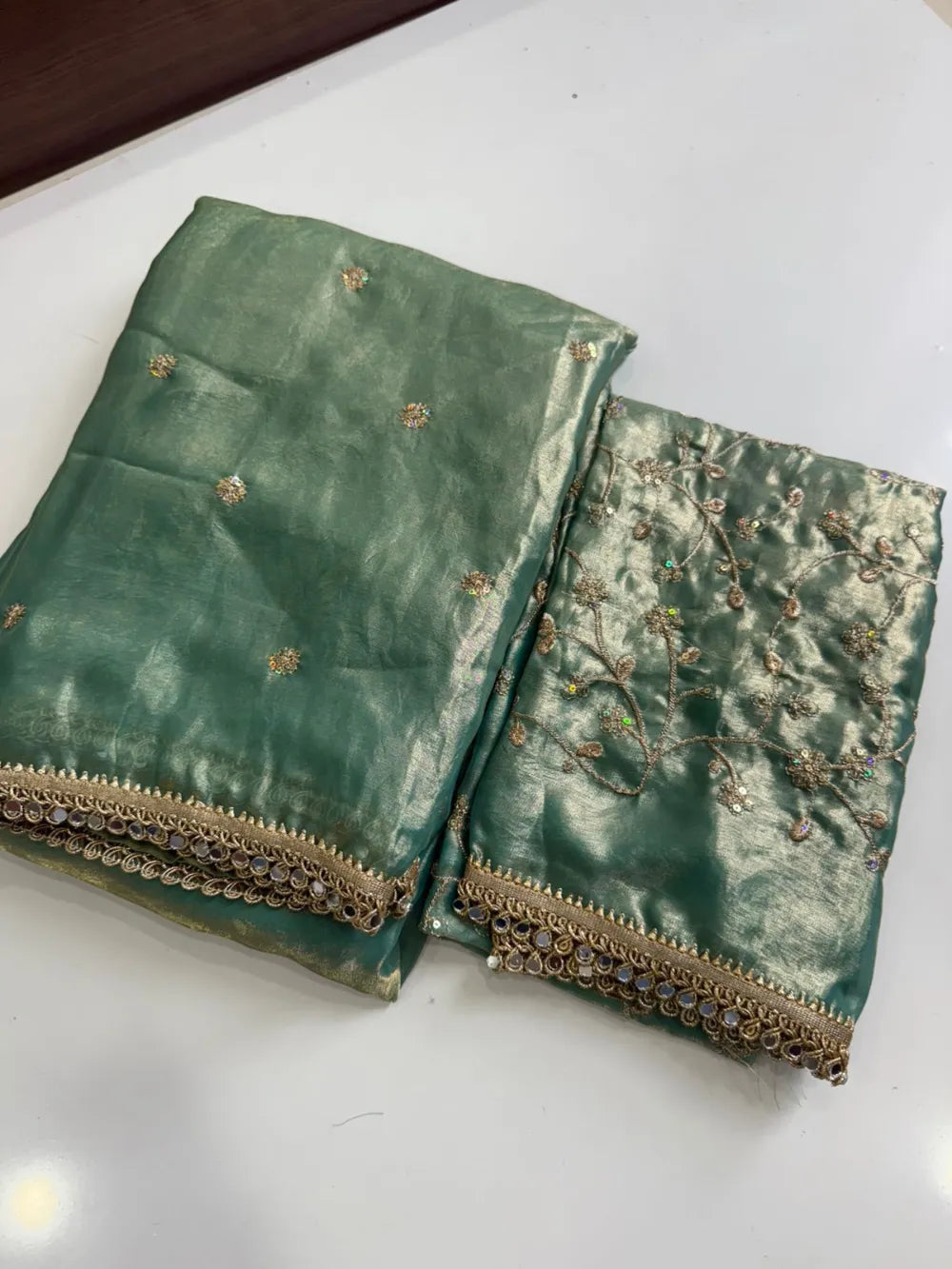 Premium Space Satin Saree with Multi‑Sequence Work, Original Mirror Lace & Heavy Blouse