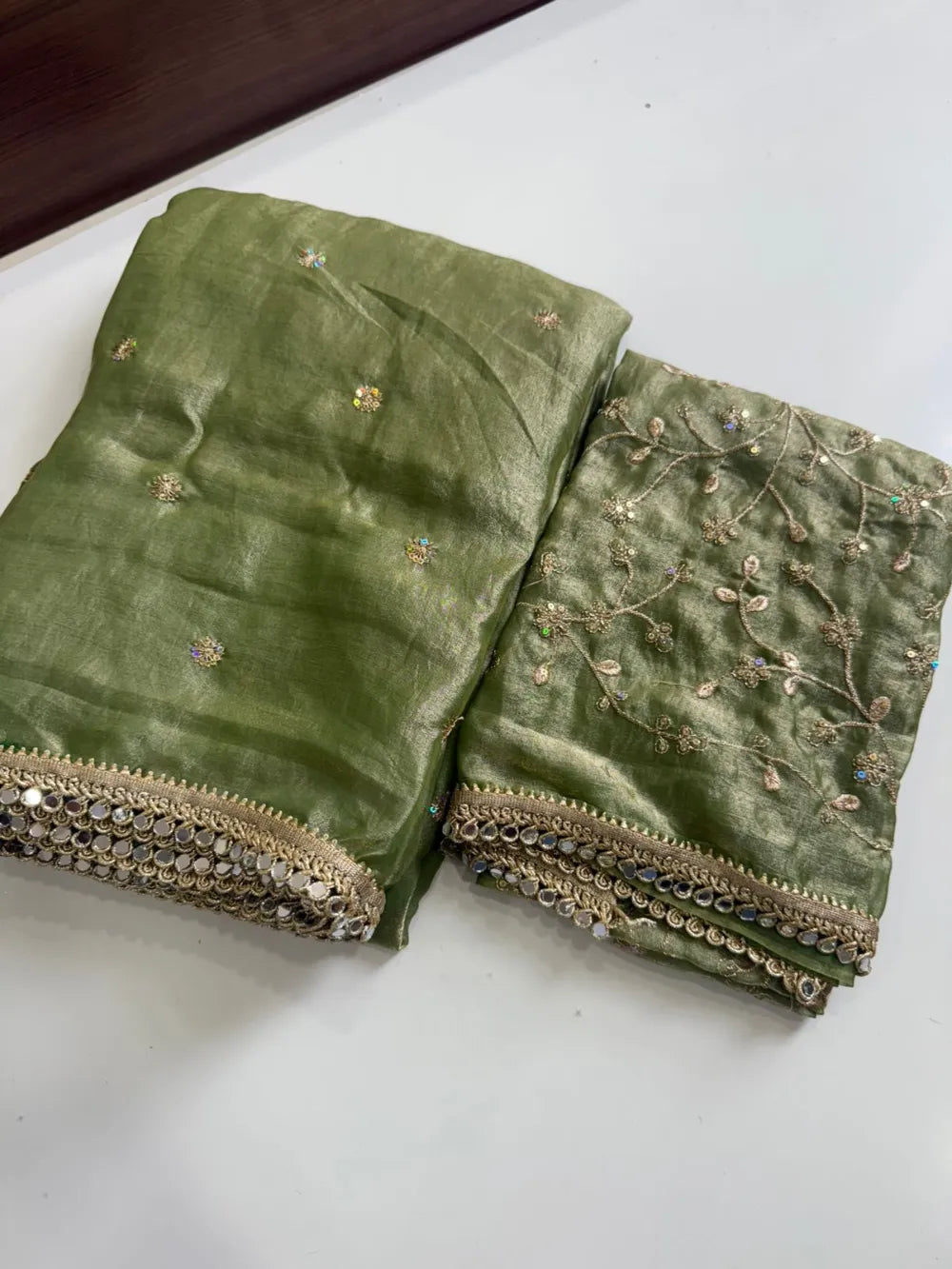 Premium Space Satin Saree with Multi‑Sequence Work, Original Mirror Lace & Heavy Blouse
