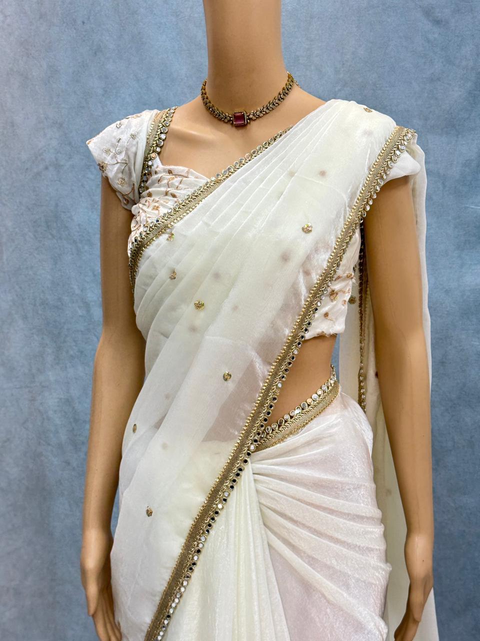Premium Space Satin Saree with Multi‑Sequence Work, Original Mirror Lace & Heavy Blouse
