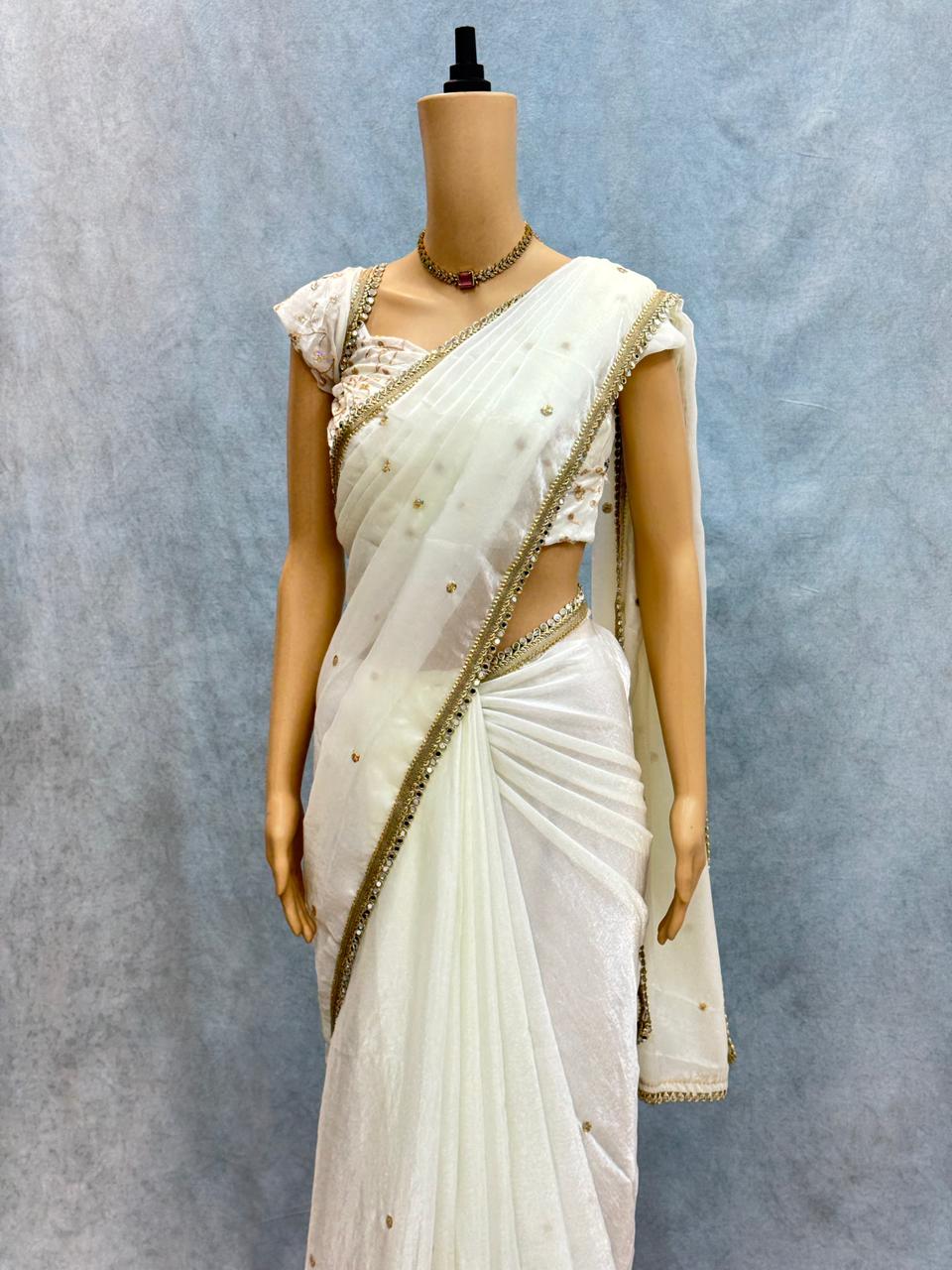 Premium Space Satin Saree with Multi‑Sequence Work, Original Mirror Lace & Heavy Blouse