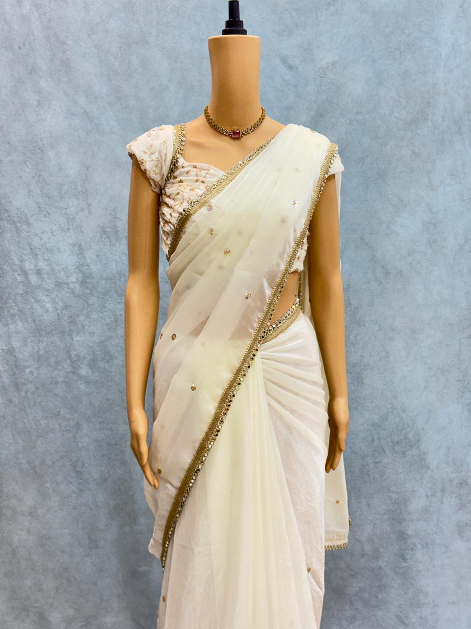 Premium Space Satin Saree with Multi‑Sequence Work, Original Mirror Lace & Heavy Blouse