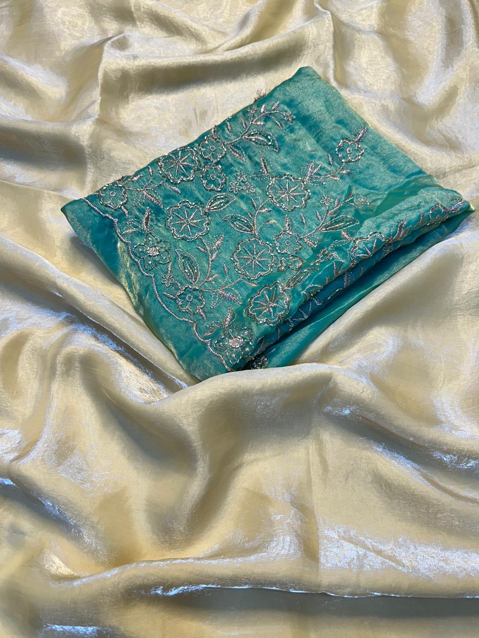 Premium Apex Fancy Saree with Two‑Tone Fabric & Heavy Beads Blouse