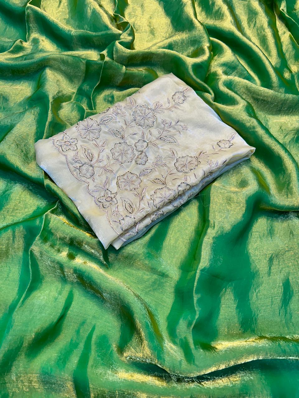 Premium Apex Fancy Saree with Two‑Tone Fabric & Heavy Beads Blouse