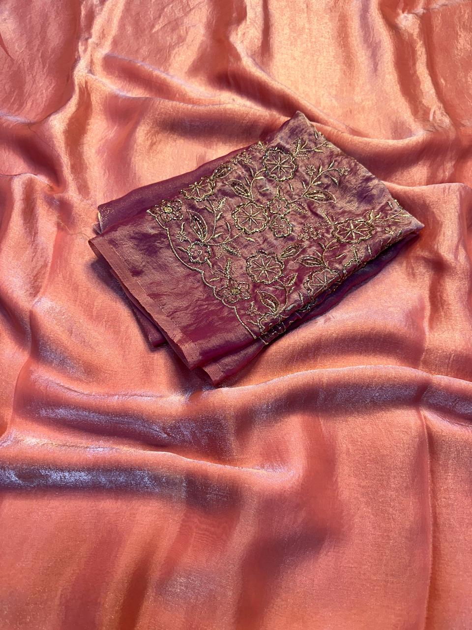Premium Apex Fancy Saree with Two‑Tone Fabric & Heavy Beads Blouse