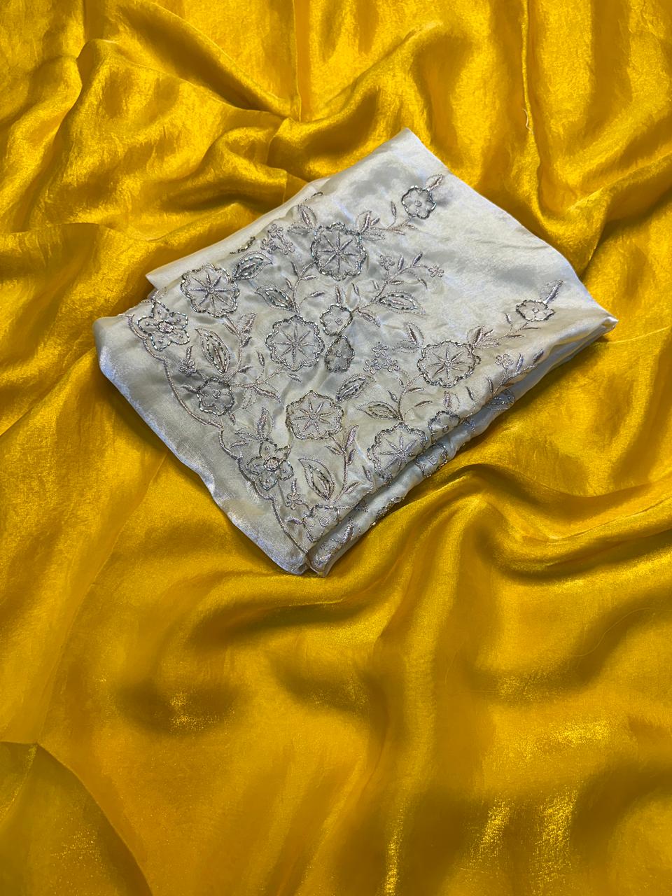 Premium Apex Fancy Saree with Two‑Tone Fabric & Heavy Beads Blouse
