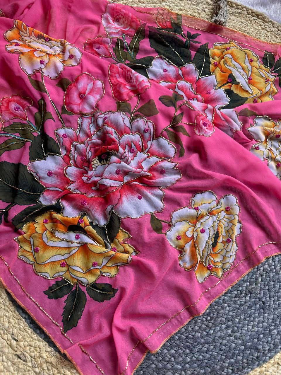 Premium Georgette Silk Saree with Floral Print, Katdana & Pearls Handwork – Designer Blouse