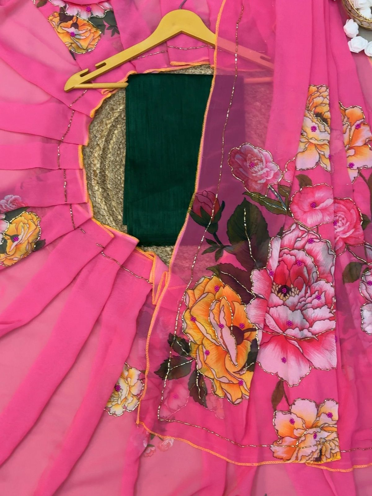 Premium Georgette Silk Saree with Floral Print, Katdana & Pearls Handwork – Designer Blouse