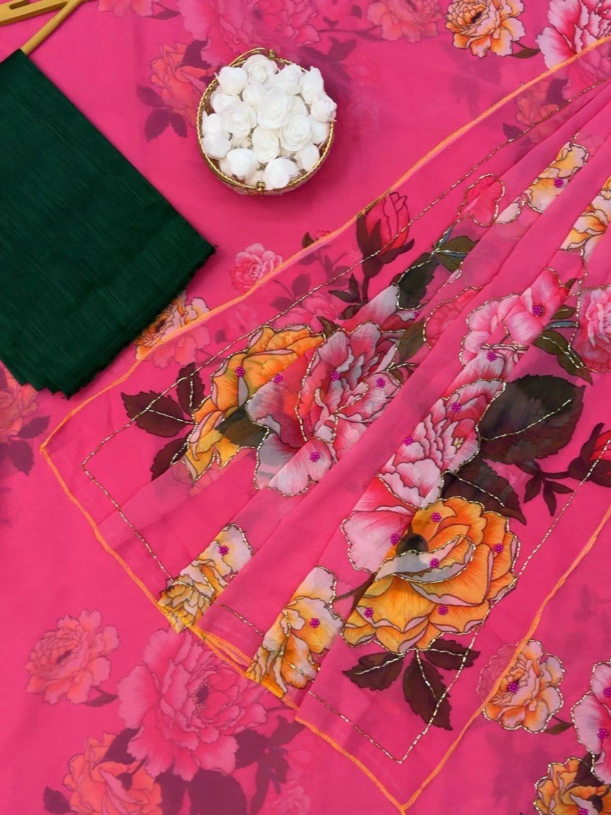 Premium Georgette Silk Saree with Floral Print, Katdana & Pearls Handwork – Designer Blouse