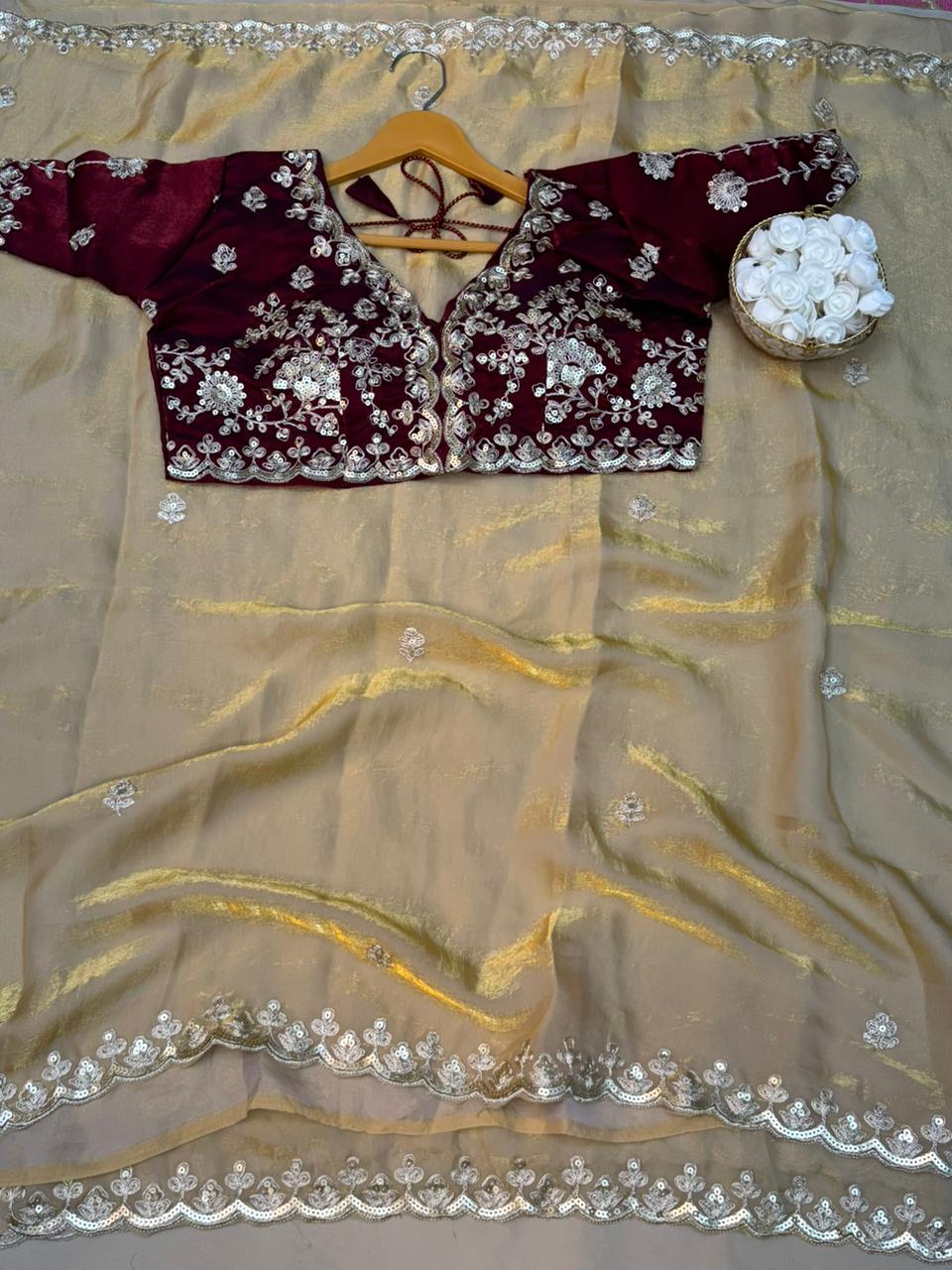 Premium Fendy Satin Silk Saree with Sequins, Coding Embroidery & Cutwork Border – Fully Stitched Blouse