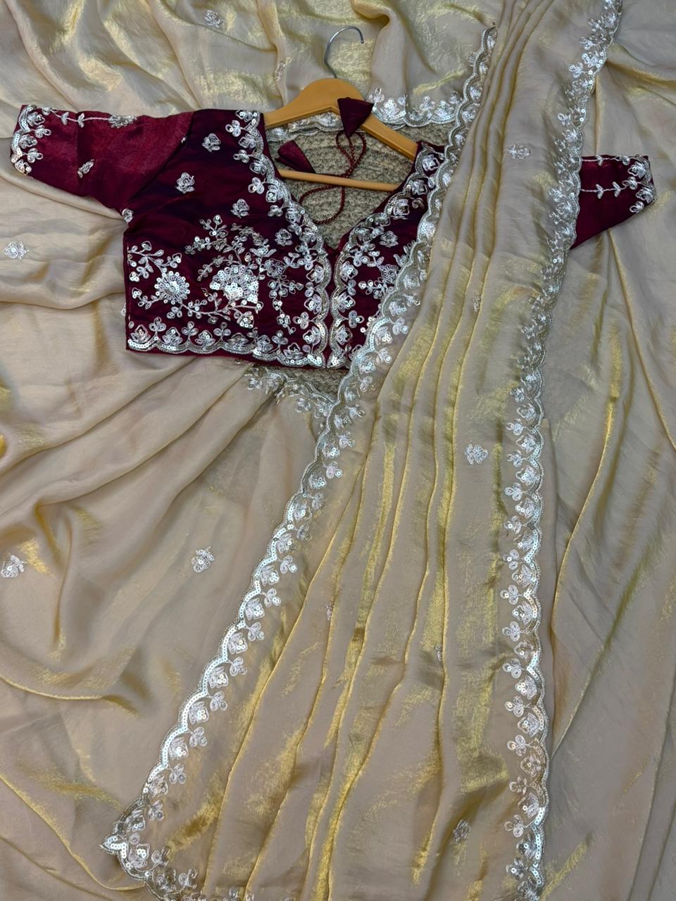 Premium Fendy Satin Silk Saree with Sequins, Coding Embroidery & Cutwork Border – Fully Stitched Blouse