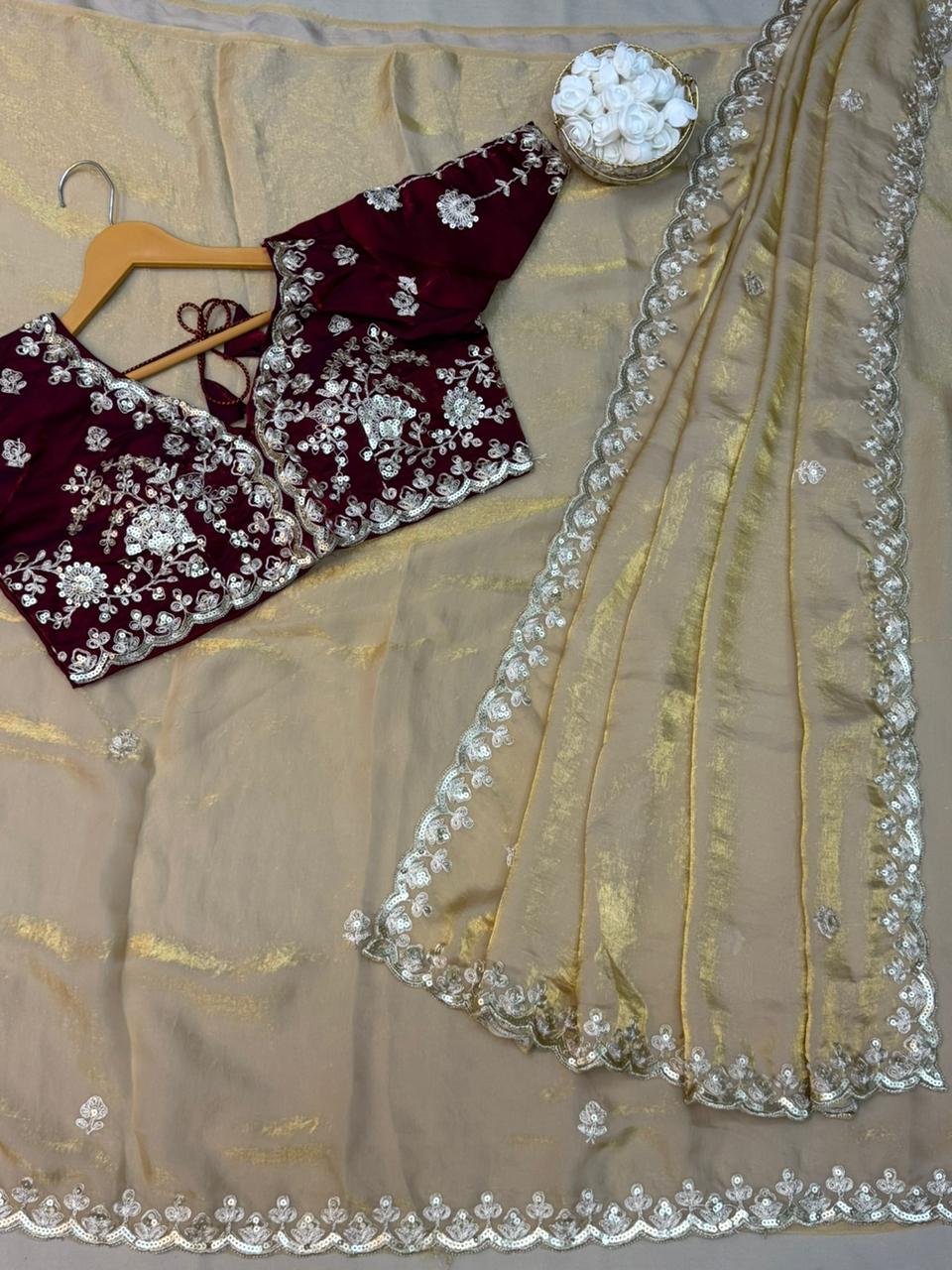 Premium Fendy Satin Silk Saree with Sequins, Coding Embroidery & Cutwork Border – Fully Stitched Blouse
