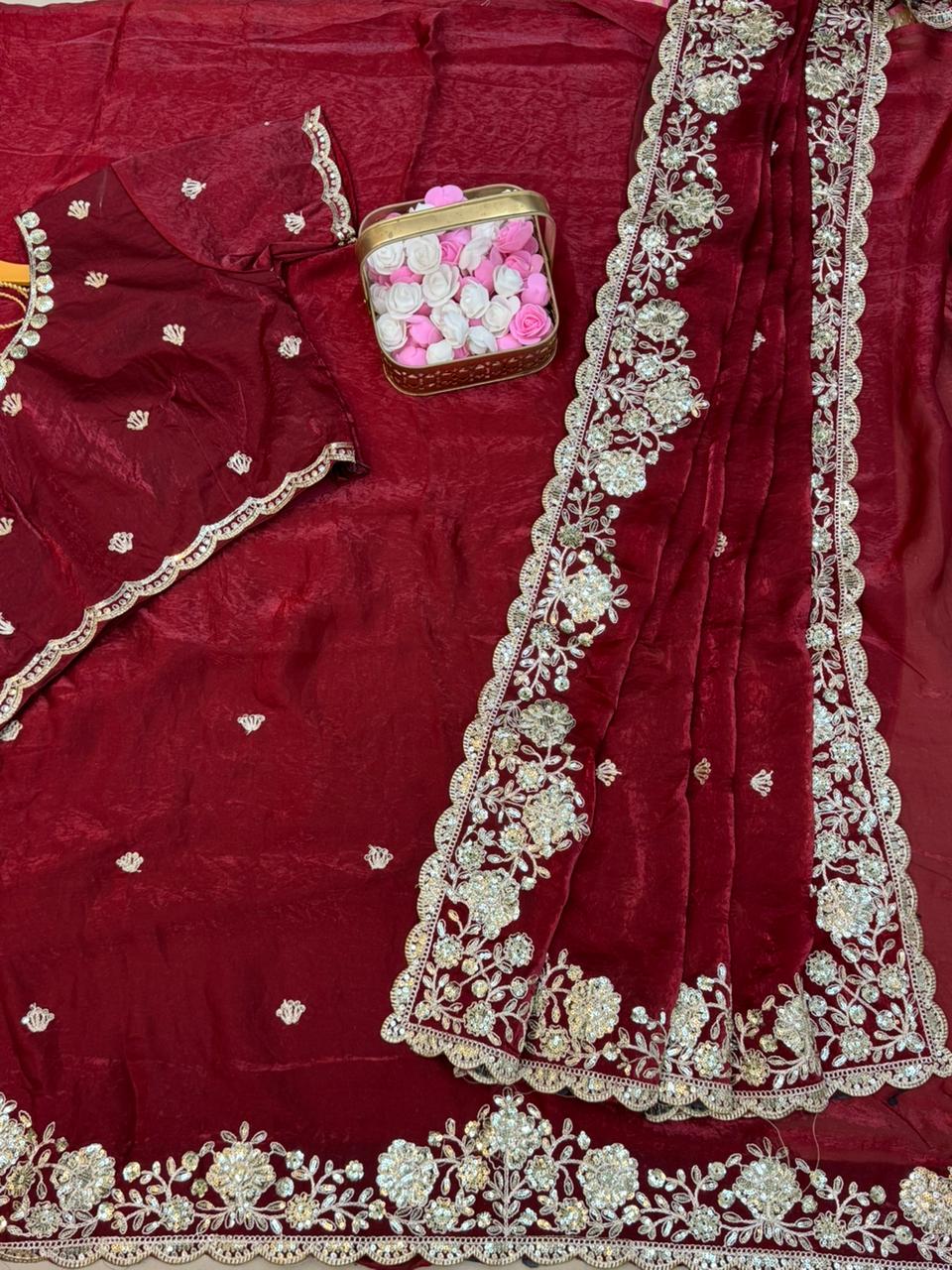 Premium Dual Tone Fendy Satin Silk Saree with Sequins, Coding Embroidery & Cutwork Border – Designer Blouse